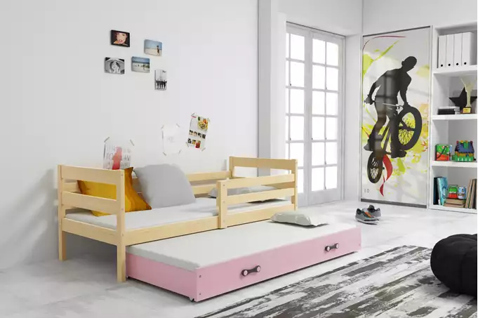 Visualisering av Utbyggbar juniorsäng ERYK 80X190 med låda, furu/rosa