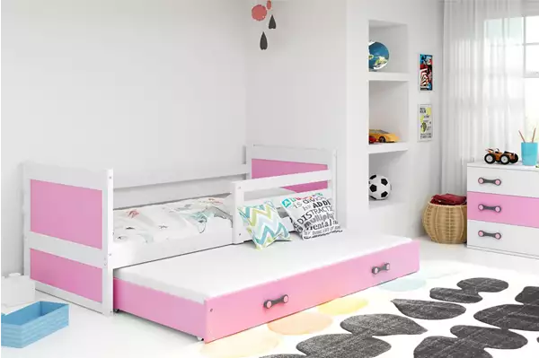 Visualisering av Utbyggbar ungdomssäng RICO 90X200 med madrass och låda, vit/rosa Visualisering av Utbyggbar ungdomssäng RICO 90X200 med madrass och låda, vit/rosa