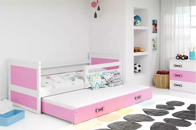 Visualisering av Utbyggbar ungdomssäng RICO 90X200 med madrass och låda, vit/rosa