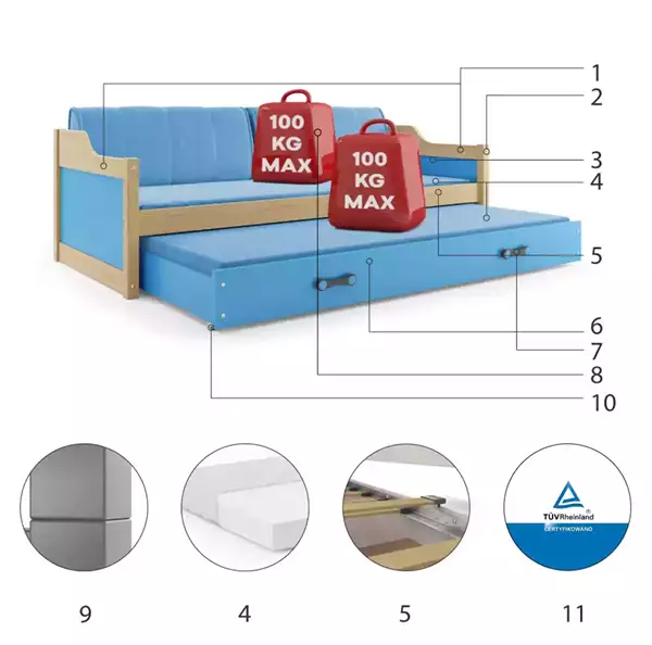 Beståndsdelar för Utdragbar barnsäng DAWID 90X200 med madrass och låda, furu/blå