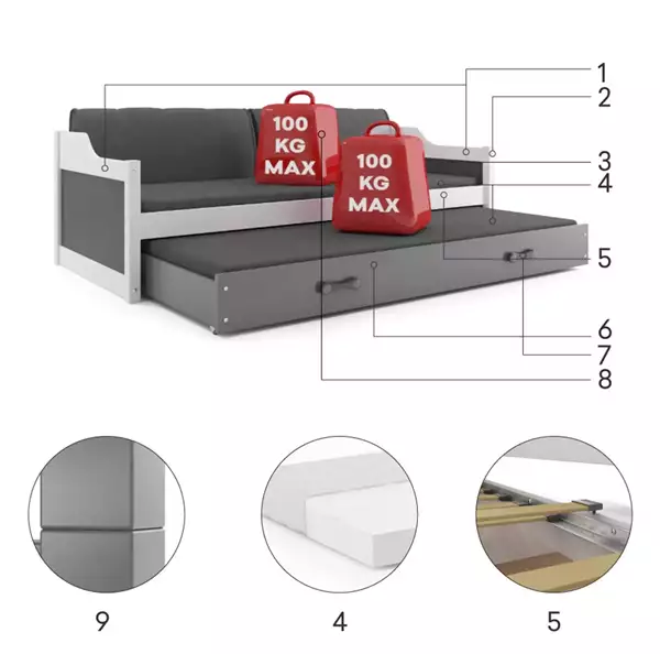 Beståndsdelar för Utdragbar barnsäng DAWID 90x200 med madrass och låda, furu/rosa Beståndsdelar för Utdragbar barnsäng DAWID 90x200 med madrass och låda, furu/rosa