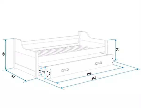 Storlek på Utdragbar barnsäng DAWID 90x200 med madrass och låda, furu/rosa Storlek på Utdragbar barnsäng DAWID 90x200 med madrass och låda, furu/rosa