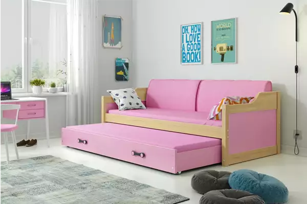 Visualisering av Utdragbar barnsäng DAWID 90x200 med madrass och låda, furu/rosa Visualisering av Utdragbar barnsäng DAWID 90x200 med madrass och låda, furu/rosa