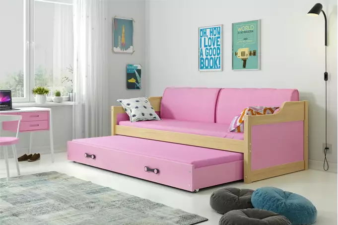 Visualisering av Utdragbar barnsäng DAWID 90x200 med madrass och låda, furu/rosa