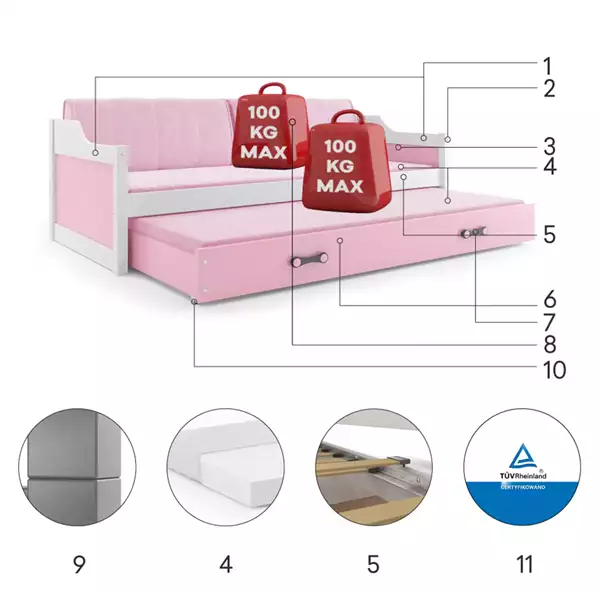 Beståndsdelar för Utdragbar barnsäng DAWID 90X200 med madrass och låda, vit/rosa