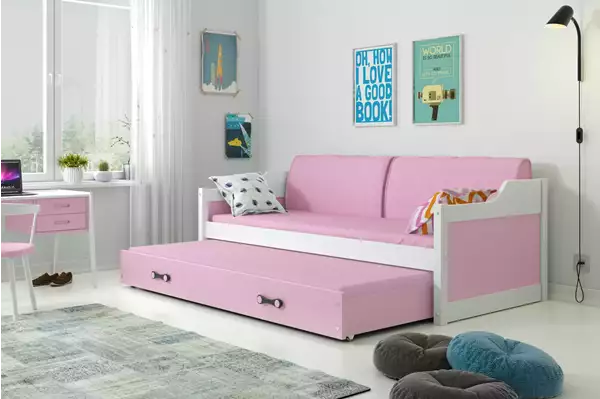 Visualisering av Utdragbar barnsäng DAWID 90X200 med madrass och låda, vit/rosa