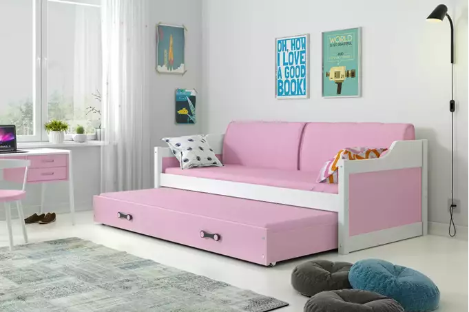 Visualisering av Utdragbar barnsäng DAWID 90X200 med madrass och låda, vit/rosa