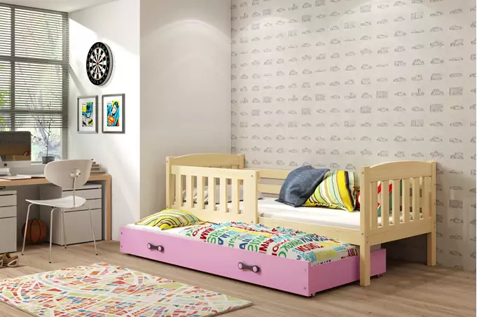 Visualisering av Utdragbar barnsäng KUBUŚ 80X160 med madrass och låda, furu/rosa