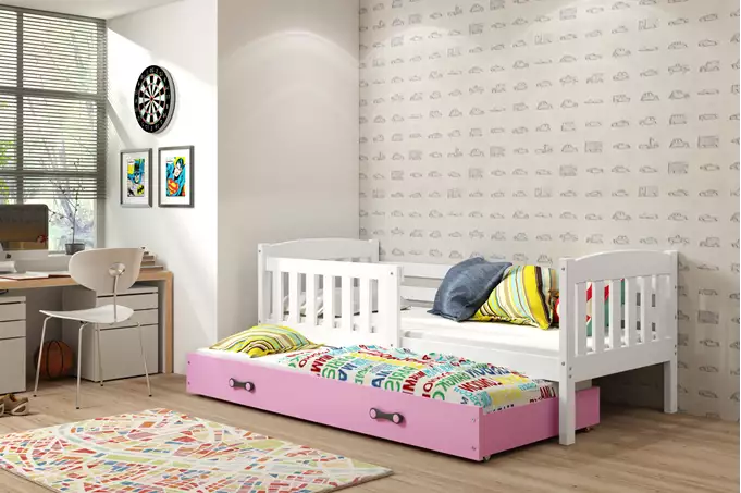 Visualisering av Utdragbar barnsäng KUBUŚ 80X160 med madrass och låda, vit/rosa