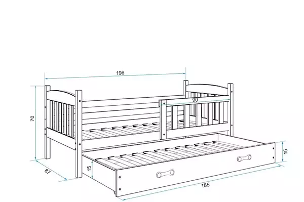 Storlek på Utdragbar barnsäng KUBUŚ 80X190 med låda, vit Storlek på Utdragbar barnsäng KUBUŚ 80X190 med låda, vit