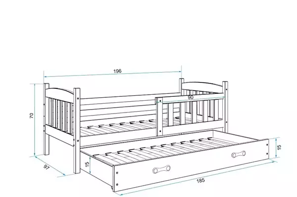 Storlek på Utdragbar barnsäng KUBUŚ 90X190 med låda, furu/blå Storlek på Utdragbar barnsäng KUBUŚ 90X190 med låda, furu/blå