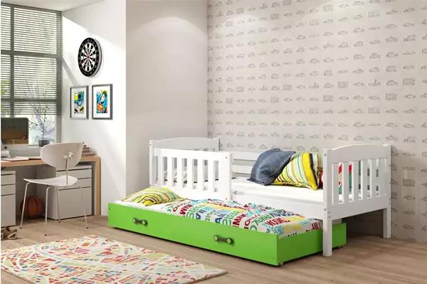 Visualisering av Utdragbar barnsäng KUBUŚ 90X200 med madrass och låda, vit/grön Visualisering av Utdragbar barnsäng KUBUŚ 90X200 med madrass och låda, vit/grön