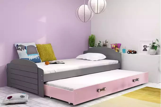 Visualisering av Utdragbar barnsäng LILI 90X200 med låda, grafit/rosa