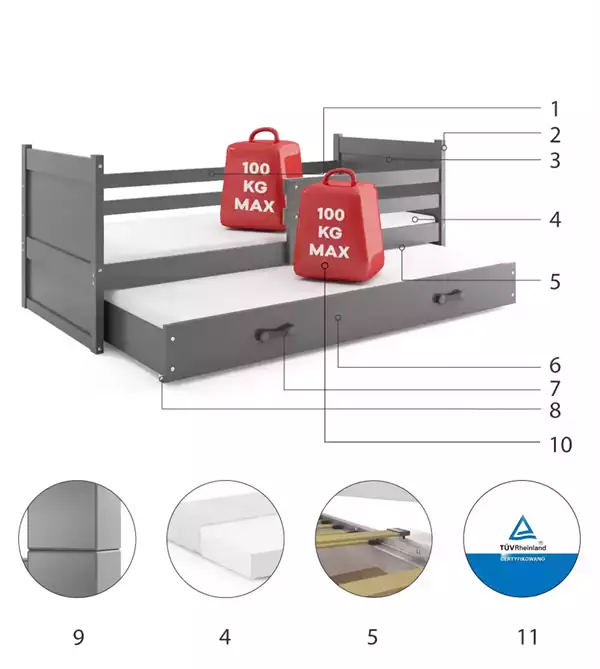 Beståndsdelar för Utdragbar barnsäng RICO 90X200 med låda, grafit