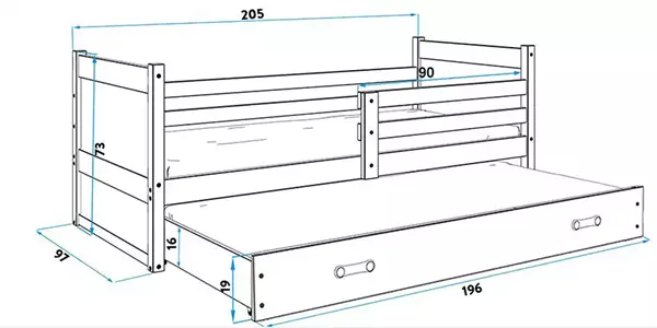 Storlek på Utdragbar barnsäng RICO 90X200 med låda, grafit