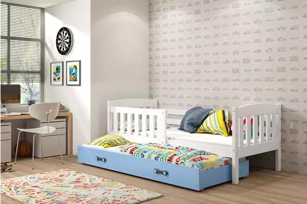 Visualisering av Utdragbar junior säng KUBUŚ 80X190 med låda, vit/blå