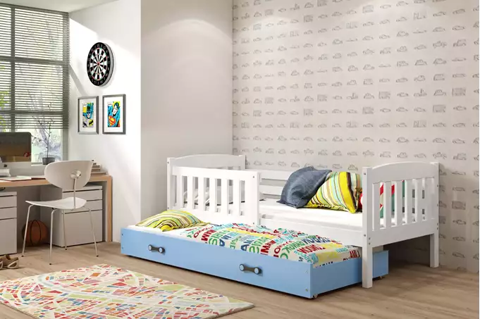 Visualisering av Utdragbar junior säng KUBUŚ 80X190 med låda, vit/blå