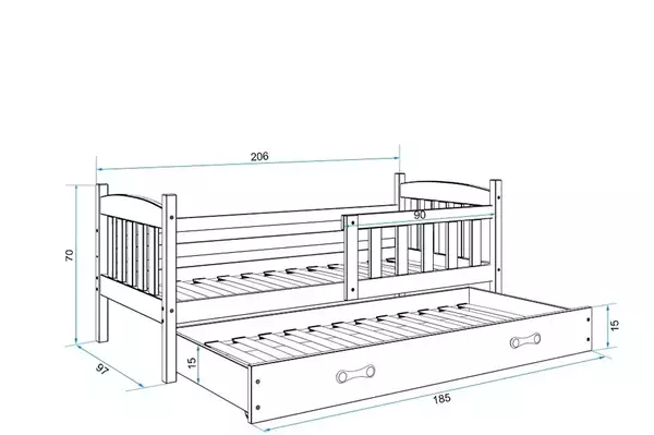 Storlek på Utdragbar junior säng KUBUŚ 90X200 med madrass och låda, furu/grön