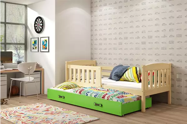 Visualisering av Utdragbar junior säng KUBUŚ 90X200 med madrass och låda, furu/grön