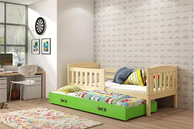 Visualisering av Utdragbar junior säng KUBUŚ 90X200 med madrass och låda, furu/grön