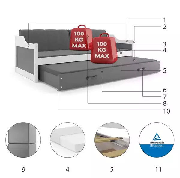 Beståndsdelar för Utdragbar juniorsäng DAWID 90X200 med madrass och låda, vit/grafit Beståndsdelar för Utdragbar juniorsäng DAWID 90X200 med madrass och låda, vit/grafit