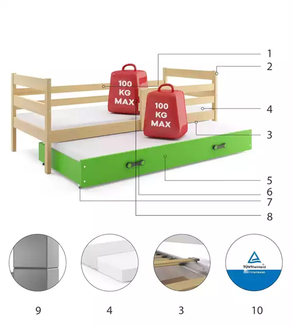 Beståndsdelar för Utdragbar juniorsäng ERYK 80X190 med låda, furu/grön