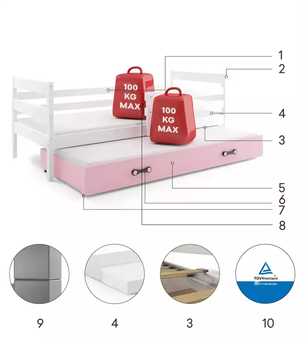 Beståndsdelar för Utdragbar juniorsäng ERYK 90X190 med låda, vit/rosa Beståndsdelar för Utdragbar juniorsäng ERYK 90X190 med låda, vit/rosa