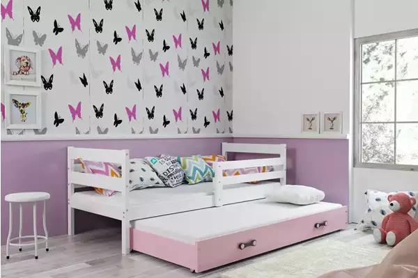 Visualisering av Utdragbar juniorsäng ERYK 90X190 med låda, vit/rosa Visualisering av Utdragbar juniorsäng ERYK 90X190 med låda, vit/rosa