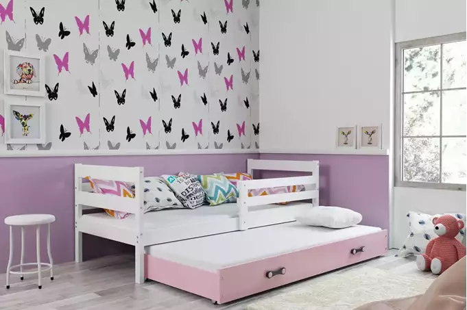 Visualisering av Utdragbar juniorsäng ERYK 90X190 med låda, vit/rosa