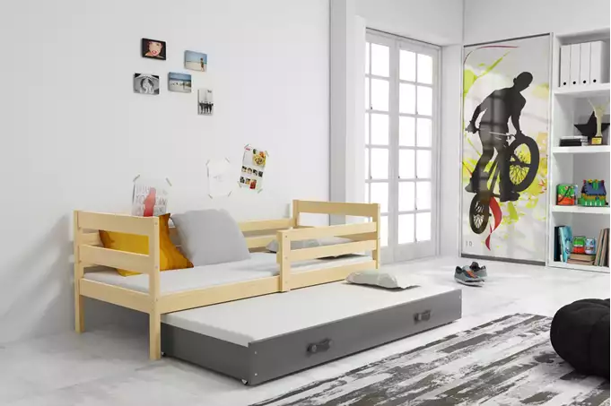 Visualisering av Utdragbar juniorsäng ERYK 90x200 med låda, furu/grafit