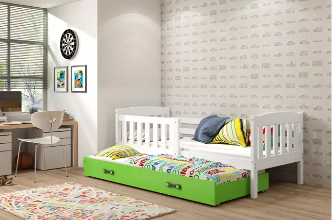 Visualisering av Utdragbar juniorsäng KUBUŚ 80x160 med madrass och låda, vit/grön