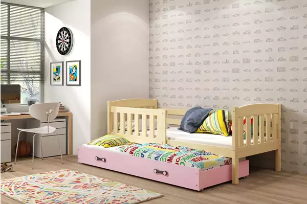 Visualisering av Utdragbar juniorsäng KUBUŚ 80X190 med madrass och låda, furu/rosa