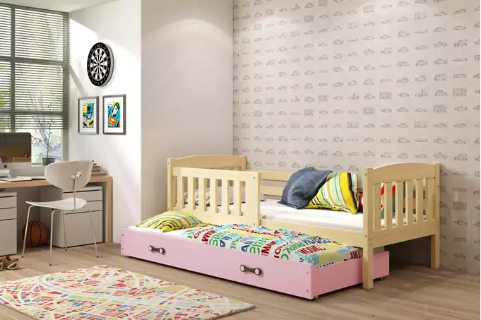 Visualisering av Utdragbar juniorsäng KUBUŚ 80X190 med madrass och låda, furu/rosa