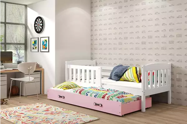 Visualisering av Utdragbar juniorsäng KUBUŚ 80X190 med madrass och låda, vit/rosa