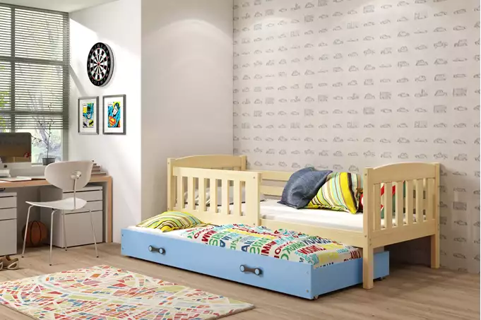 Visualisering av Utdragbar juniorsäng KUBUŚ 90X190 med madrass och låda, furu/blå