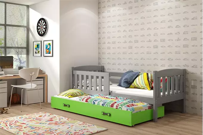 Visualisering av Utdragbar juniorsäng KUBUŚ 90X190 med madrass och låda, grafit/grön