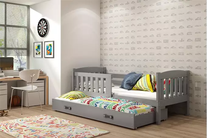 Visualisering av Utdragbar juniorsäng KUBUŚ 90X190 med madrass och låda, grafitfärgad