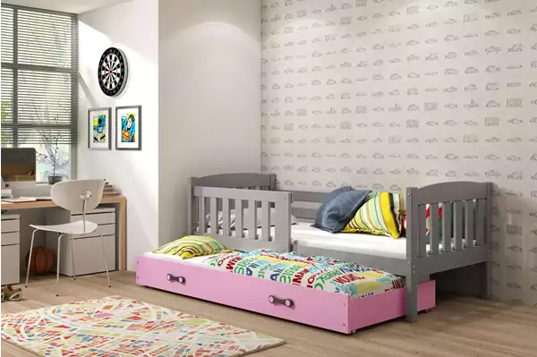 Visualisering av Utdragbar juniorsäng KUBUŚ 90X200 med låda, grafit/rosa Visualisering av Utdragbar juniorsäng KUBUŚ 90X200 med låda, grafit/rosa