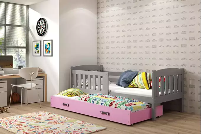 Visualisering av Utdragbar juniorsäng KUBUŚ 90X200 med låda, grafit/rosa