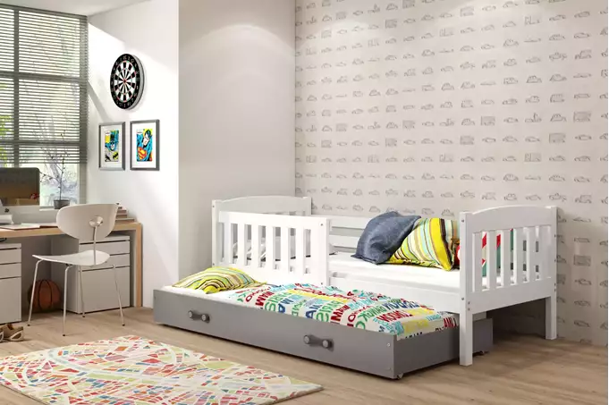 Visualisering av Utdragbar juniorsäng KUBUŚ 90X200 med låda, vit/grafit