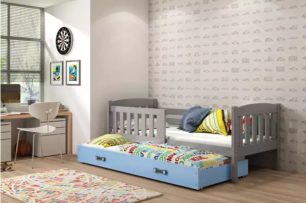 Visualisering av Utdragbar juniorsäng KUBUŚ 90X200 med madrass och låda, grafit/blå