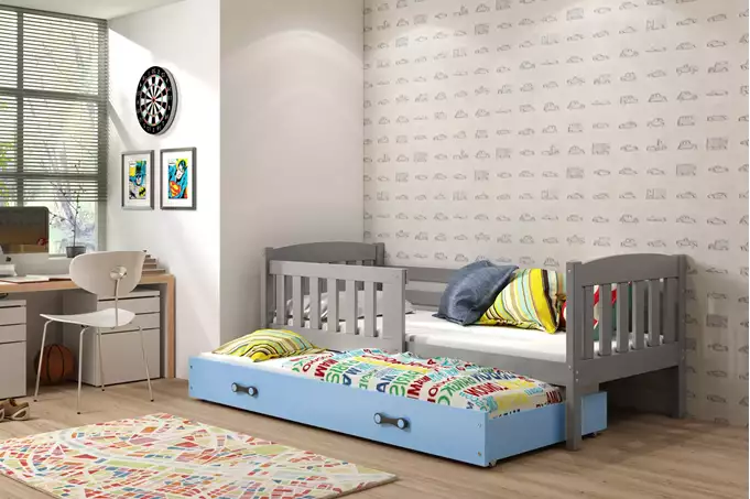 Visualisering av Utdragbar juniorsäng KUBUŚ 90X200 med madrass och låda, grafit/blå