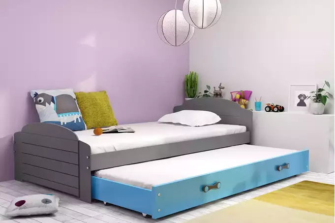 Visualisering av Utdragbar juniorsäng LILI 90x200 med låda, grafit/blå
