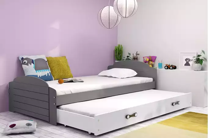 Visualisering av Utdragbar juniorsäng LILI 90X200 med låda, grafit/vit