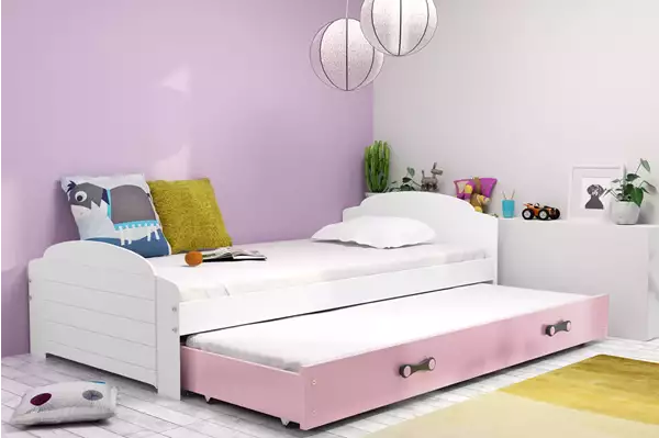 Visualisering av Utdragbar juniorsäng LILI 90X200 med madrass och låda, vit/rosa Visualisering av Utdragbar juniorsäng LILI 90X200 med madrass och låda, vit/rosa