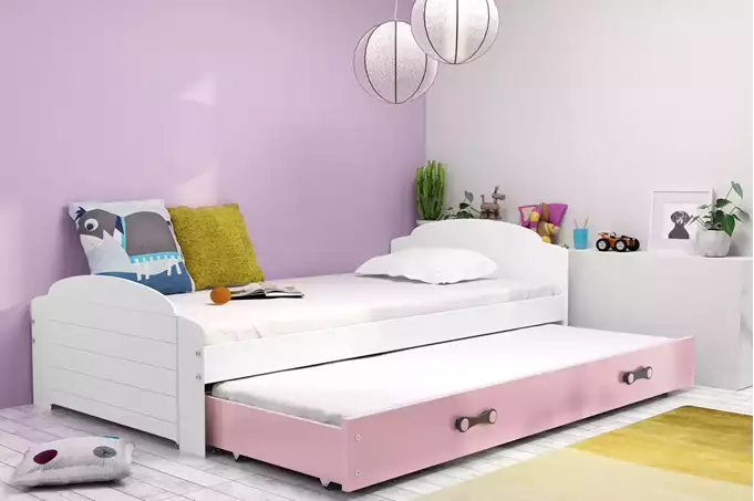 Visualisering av Utdragbar juniorsäng LILI 90X200 med madrass och låda, vit/rosa