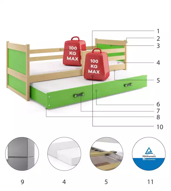 Beståndsdelar för Utdragbar juniorsäng RICO 90X190 med låda, furu/grön Beståndsdelar för Utdragbar juniorsäng RICO 90X190 med låda, furu/grön