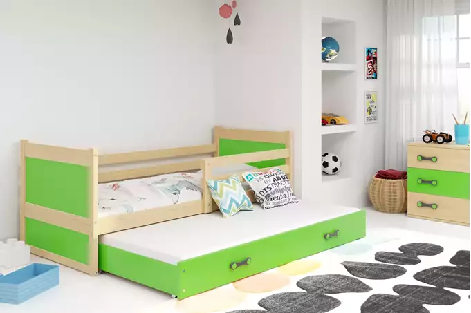 Visualisering av Utdragbar juniorsäng RICO 90X190 med låda, furu/grön
