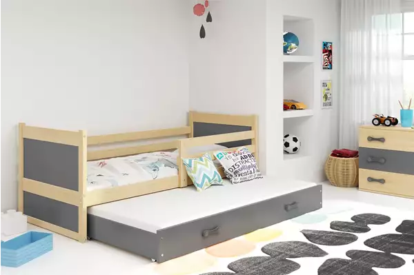 Visualisering av Utdragbar juniorsäng RICO 90x200 med madrass och låda, furu/grafit