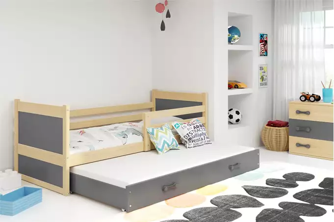 Visualisering av Utdragbar juniorsäng RICO 90x200 med madrass och låda, furu/grafit